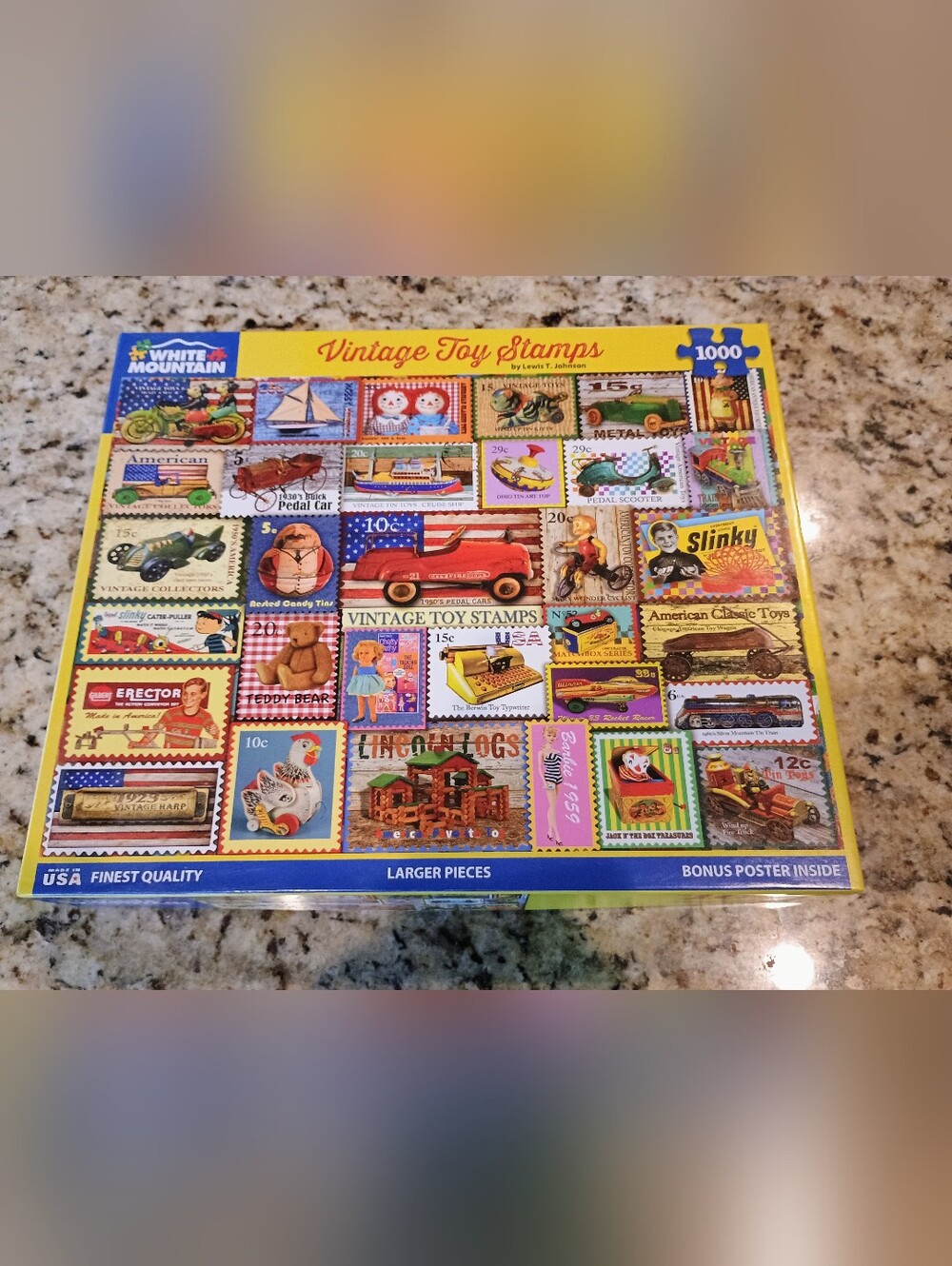 White Mountain Vintage Toy Stamps Puzzle - Bright Yellow, Blue, Red